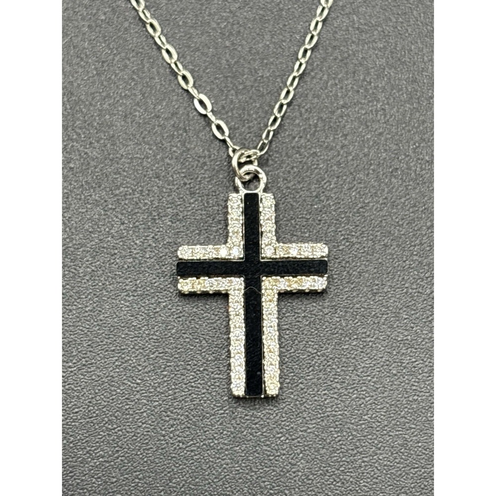 New Condition 18" Onyx Cubic Zirconia Cross Pendant Necklace